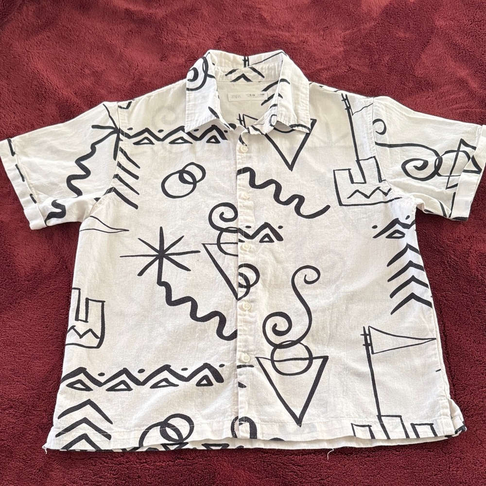 Zara Kids Graphic Button Down Shirt - Cream and Black